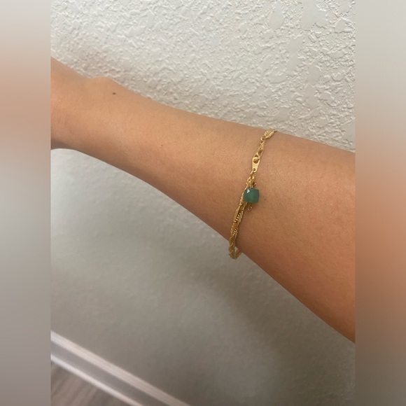 Gold Plated Twist Bracelet/ Anklet with Emerald Green Gemstone, New - Picture 4 of 7